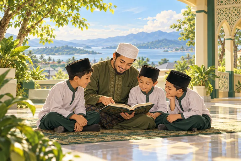 Ilustrasi ustaz dan siswa belajar membaca bersama di lingkungan pesisir Kolaka
