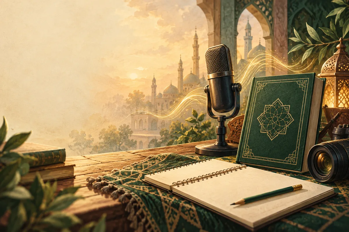 Ilustrasi buku, pena, mikrofon, dan kamera sebagai simbol karya lomba